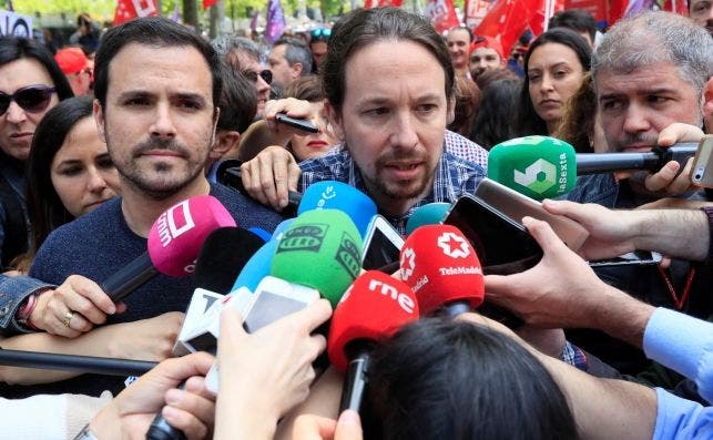Pablo Iglesias y Alberto Garzón en la manifestación del 1 de mayo en Madrid, tras las elecciones del 28-A. Foto: EFE/FA