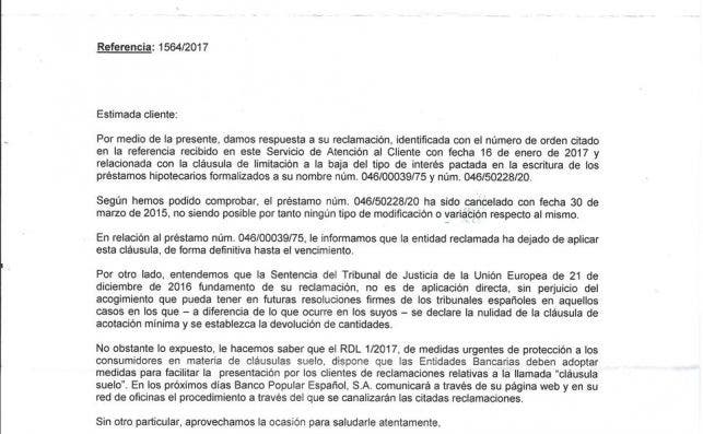 Carta del Banco Popular en la que desconoce una sentencia europea.