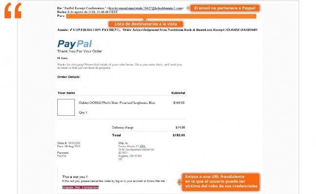 Así se ve la campaña de "phishing" que se hace pasar por Paypal. Foto: Incibe