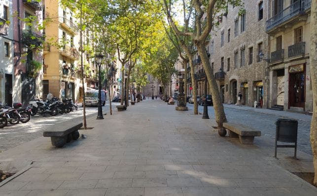 Imagen de un desértico Paseo del Born el pasado viernes a media tarde. La mayoría de tiendas de las callejuelas próximas permanecen abiertas, pero han desaparecido los clientes. /ED