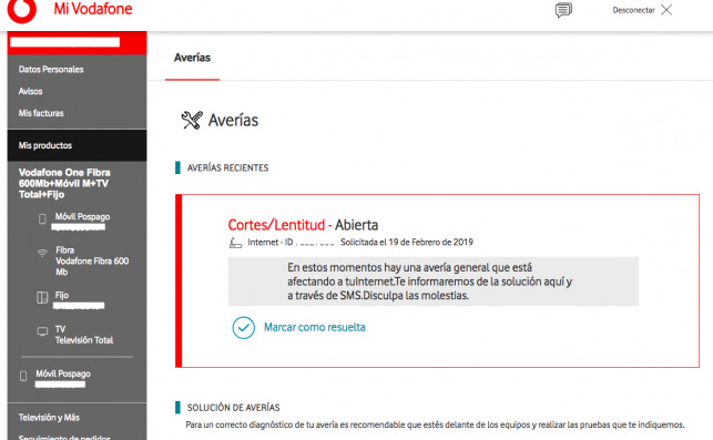 Captura de pantalla de la incidencia reportada por un cliente a Vodafone.