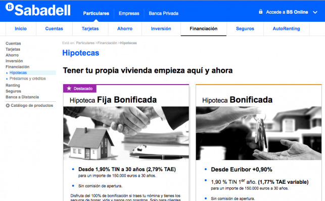 Captura de pantalla de las ofertas de hipotecas de Banc Sabadell