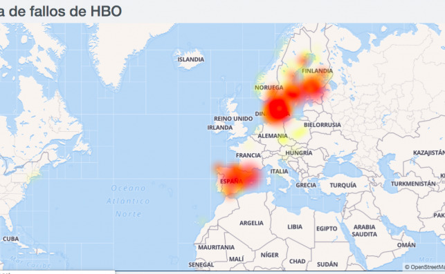 Mapa de fallos de HBO. Fuente:downdetector