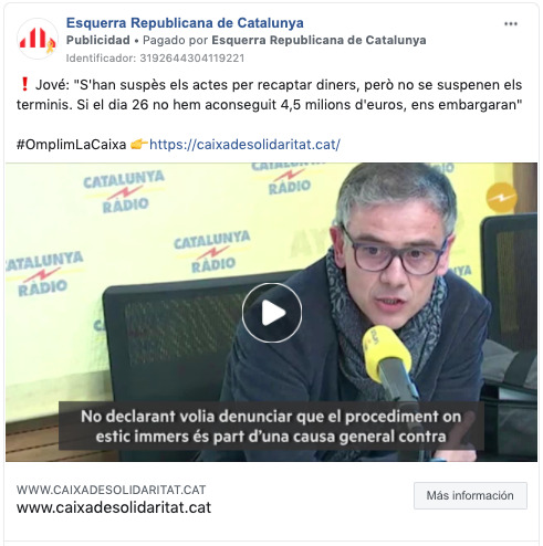 Anuncio de ERC en favor de la 'caja de solidaridad' del independentismo, lanzado la primera semana del estado de alarma | Biblioteca de anuncios de Facebook