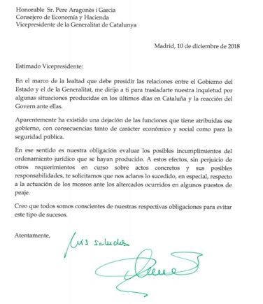 Carta de la vicepresidenta del Gobierno.