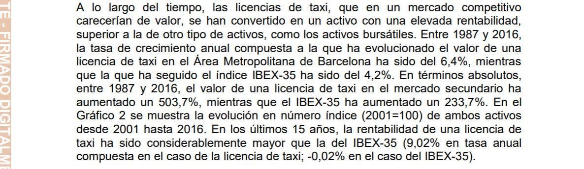Fragmento de la CNMC que explica la inflación en los precios de las licencias de taxi. EFE