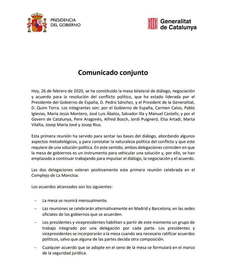 Comunicado conjunto del Gobierno de España y la Generalitat de Catalunya tras la primera reunión de la mesa de diálogo bilateral
