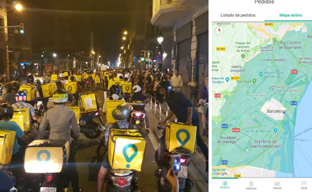 A la izquierda, foto de la manifestación de los 'glovers' de Barcelona; a la derecha, foto de la aplicación, donde se ve cómo la zona céntrica está deshabilitada. Fotos cedidas
