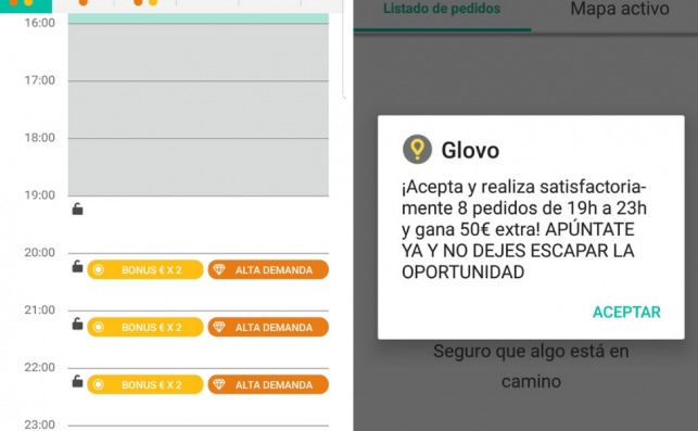 Foto cedida por los 'riders' de Glovo. A la izquierda, la imagen de altas horas de demanda, en las que se paga el doble; a la derecha, la oferta de 50 euros extra por cada hora de trabajo desde las 19.00h hasta las 23.00h 