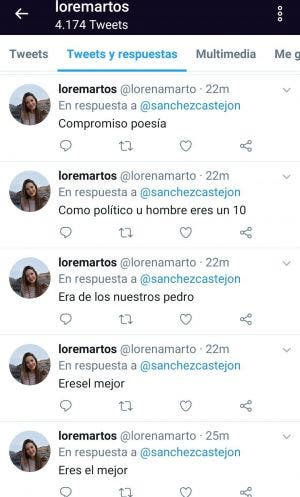Mensajes a Pedro Sánchez de un trol del PSOE en Twitter