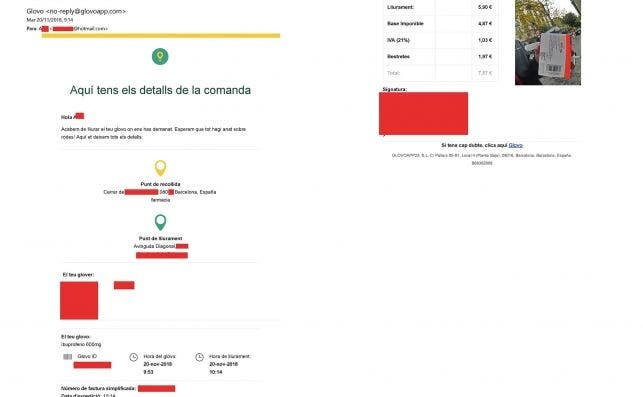 Comprobante de compra en Glovo.