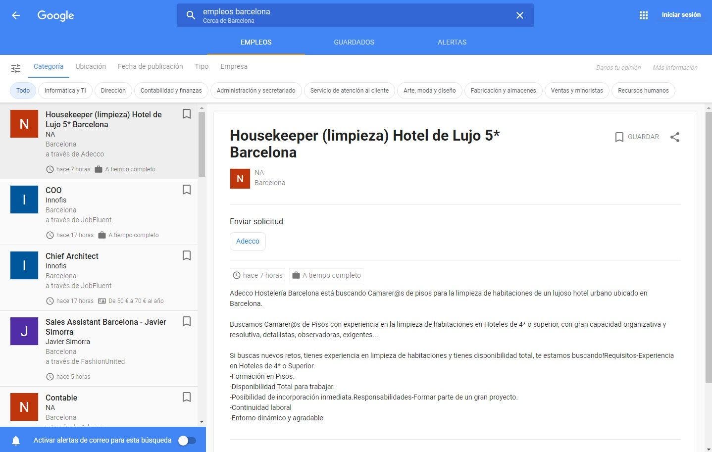 Así se ve la plataforma de Google para buscar empleo en Barcelona. Foto: Google/ED