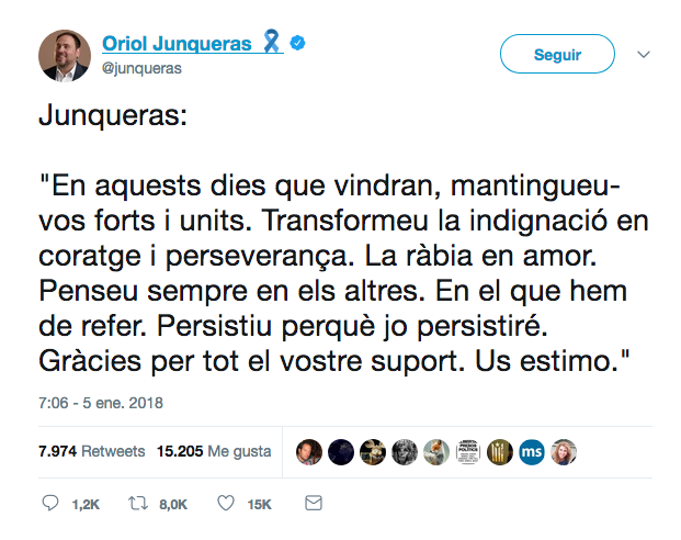 Tweet de Junqueras tras conocer el auto del Supremo