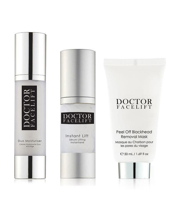 Pack compuesto por   Dr Facelift Instant Lift , Doctor Facelift Duo Moisturizer y   Máscarilla de peeling de carbón.