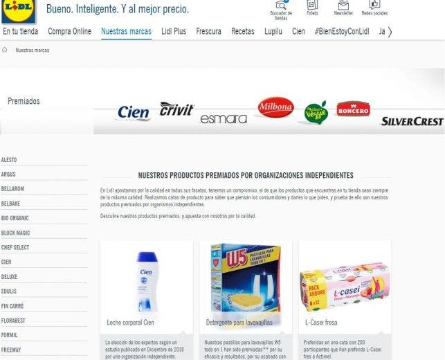 La web de Lidl dice que la leche corporal de su marca blanca Cien ha sido premiada por "una organización independiente". /ED