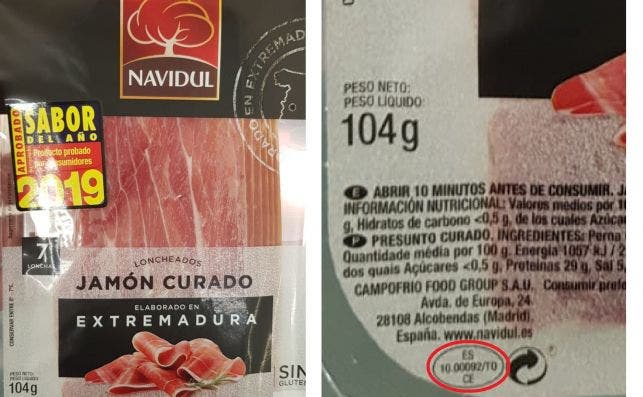 Izquierda: Jamón curado Navidul en formato loncheado, con la leyenda "elaborado en Extremadura" / Derecha: Marcado en rojo, el óvalo sanitario que indica que el producto fue manipulado en último término en Toledo