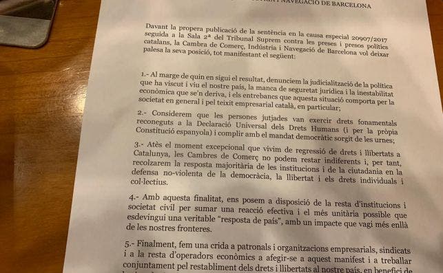 El manifiesto de la Cámara de Barcelona sobre la sentencia del juicio del procés en apoyo a las movilizaciones. 