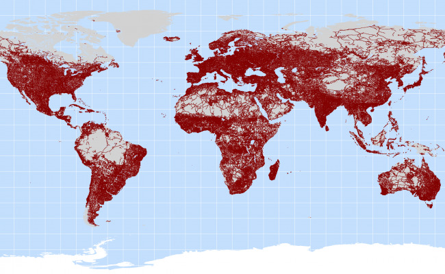 Un mapa global de calles y carreteras. Los investigadores del MIT y Facebook inventaron un nuevo sistema para dar direcciones en lugares sin dirección postal. Imagen: mappery.com