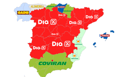 Mapa de top marcas SUPERMERCADOS en España por número de establecimientos. Fuente: Datacentrix