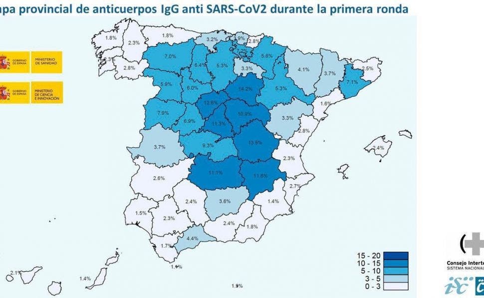Mapa de prevalencia del coronavirus a partir de la primera oleada del estudio de seroprevalencia del Gobierno
