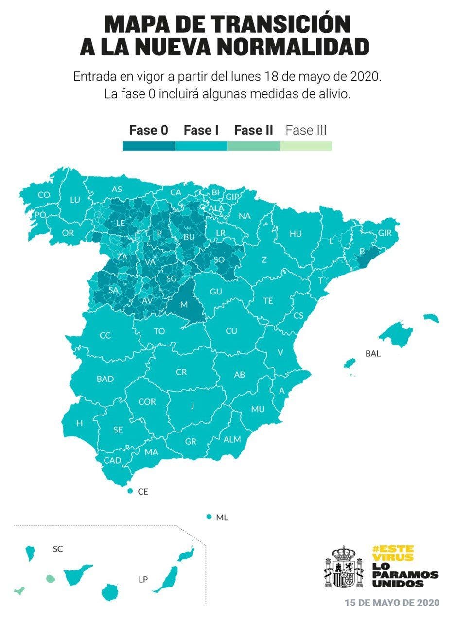 Mapa de las regiones en función de la fase de desescalada en la que se encuentra elaborado por el ministerio de Sanidad