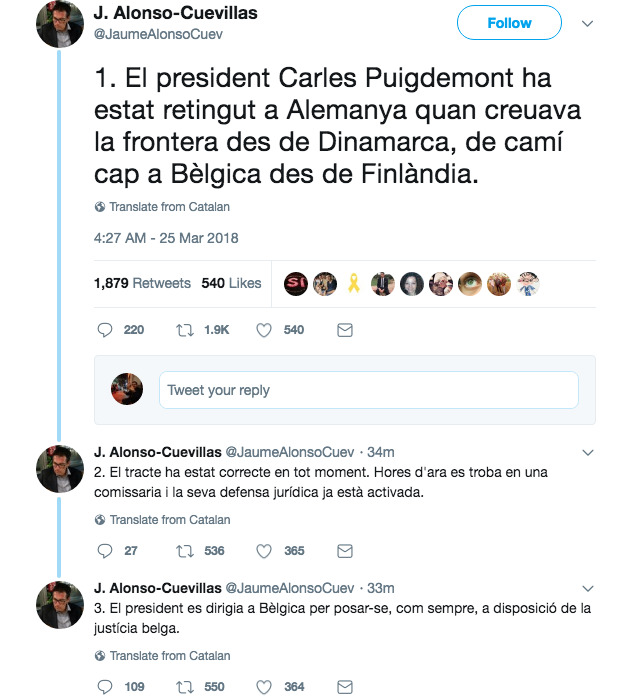 El hilo de tuits del abogado Jaume Alonso-Cuevillas confirmando la "retención" de Carles Puigdemont en Alemania.