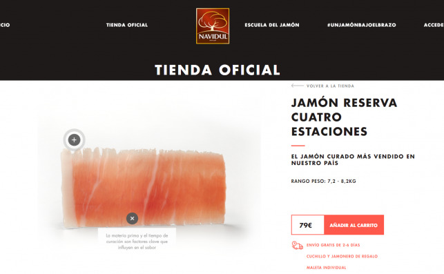 El jamón Cuatro Estaciones en la web de Navidul, que ensalza el origen de la carne como característica fundamental de un buen producto curado