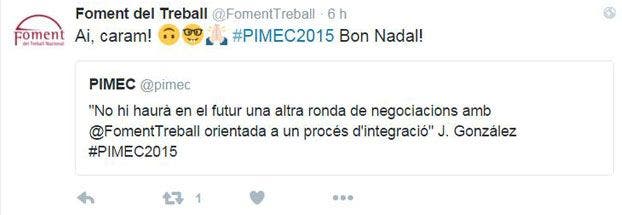 Respuesta de Foment a Pimec en Twitter