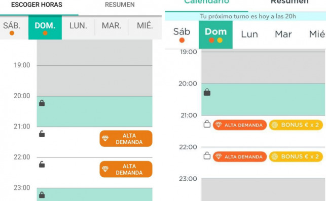 Fotos de la plataforma para riders de Glovo. A la izquierda, una captura de un trabajador que decidió no trabajar el domingo (candado abierto); a la derecha, la decisión de la empresa de pagar el doble las horas de alta demanda