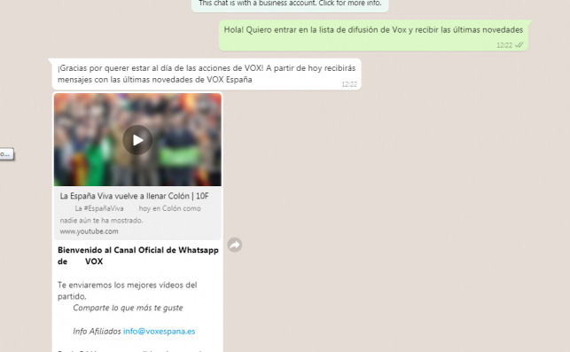 Pantallazo del chat de Vox en Whatsapp. Foto: ED