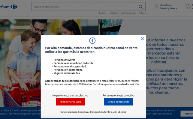 Por el coronavirus, la web de Carrefour no te permite comprar si no eres persona vulnerable