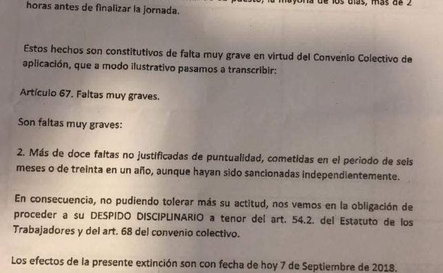 Burofax en el que se comunica el despido de uno de los trabajadores. ED