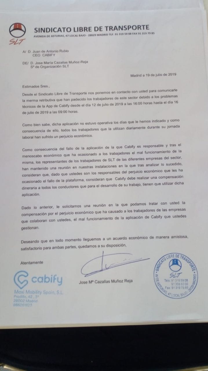 Escrito del Sindicato Libre de Transportes a Cabify. 