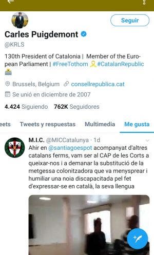 "Me gusta" de Carles Puigdemont a la publicación del grupo de ultraderecha independentista