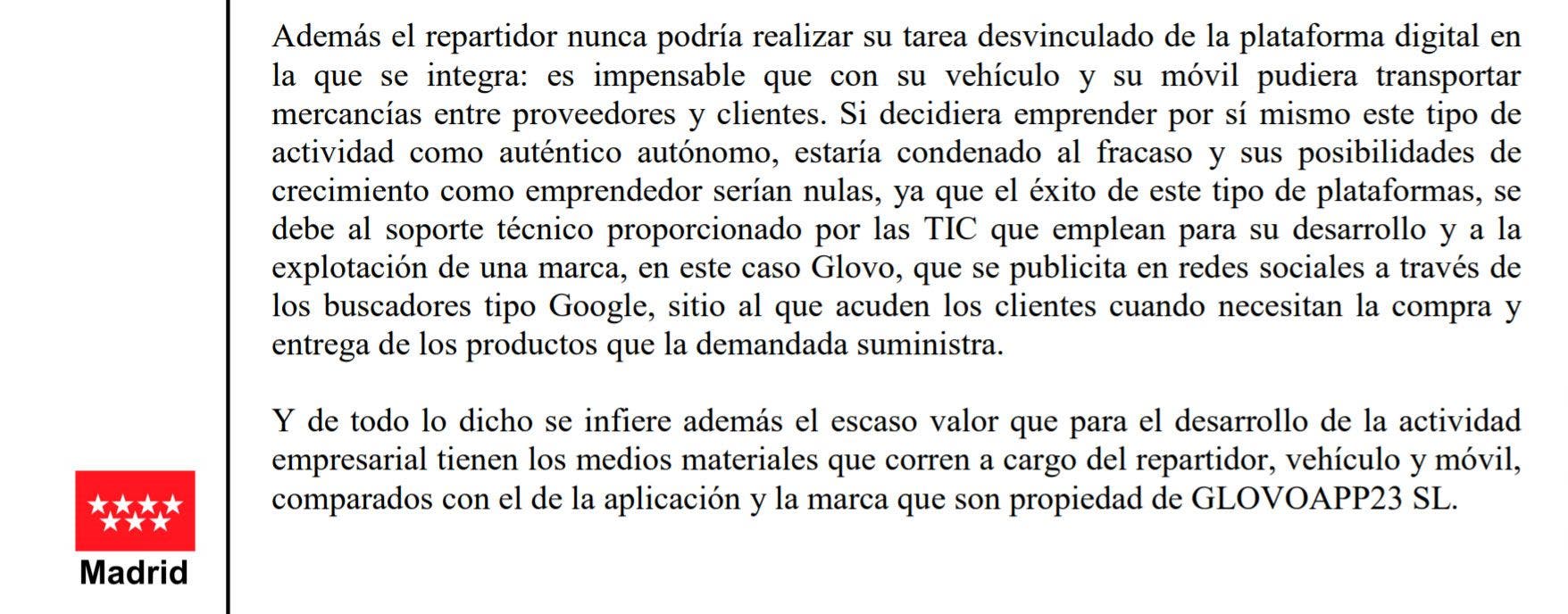 Fragmento de la sentencia contra Glovo.