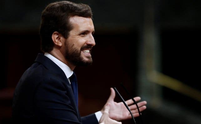 El líder del PP, Pablo Casado, durante su intervención en la segunda sesión del debate de moción de censura presentada por Vox / EFE