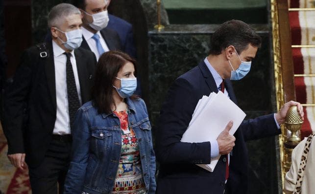 El presidente Pedro Sánchez, la portavoz socialista Adriana Lastra y los ministros Fernando Grande-Marlaska y José Luis Ábalos, en el debate de la quinta prórroga del estado de alarma en el Congreso, el 20 de mayo de 2020 | EFE/Ballesteros