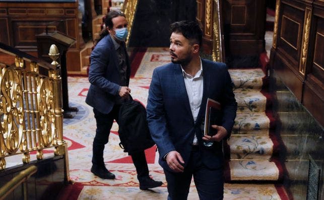 Gabriel Rufián y Pablo Iglesias en el Congreso de los Diputados, el 20 de mayo de 2020 | EFE/KH