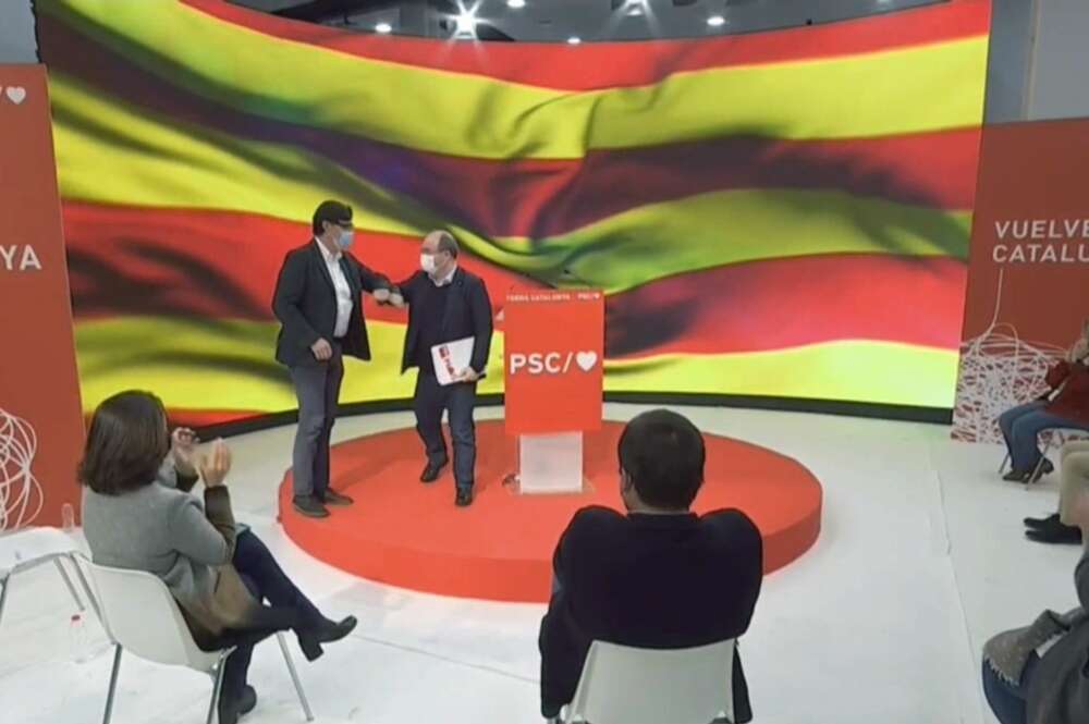 Salvador Illa y Miquel Iceta durante el primer acto de precampaña del PSC para las elecciones catalanas del 14-F, el 3 de enero de 2021 en Barcelona | EFE/Archivo