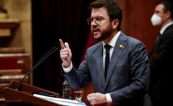 El presidente en funciones de la Generalitat, Pere Aragonès, comparece en el Parlament. EFE/ Quique García