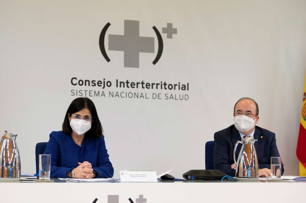 La ministra de Sanidad, Carolina Darias, y el ministro de Política Territorial, Miquel Iceta, presiden por primera vez en sus nuevos cargos el Consejo Interterritorial del Sistema Nacional de Salud, el 28 de enero de 2021 | EFE/BPDLB/Moncloa