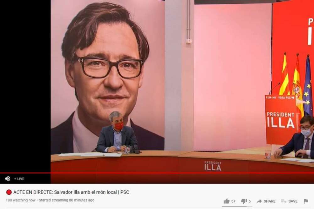 El primer teniente de alcalde de Barcelona, Jaume Collboni, y el candidato socialista a la Generalitat, Salvador Illa, en un acto de campaña del PSC, emitido por Youtube el 29 de enero de 2021 | Youtube/PSCtv