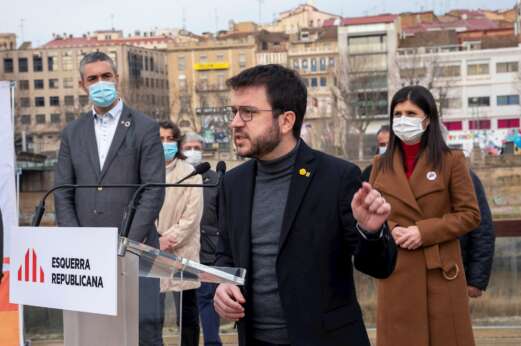 Pere Aragonès, Bernat Solé, Meritxell Serret y Marta Vilalta en un acto preelectoral de ERC en Lleida, el 23 de enero de 2021 | EFE/RG/Archivo