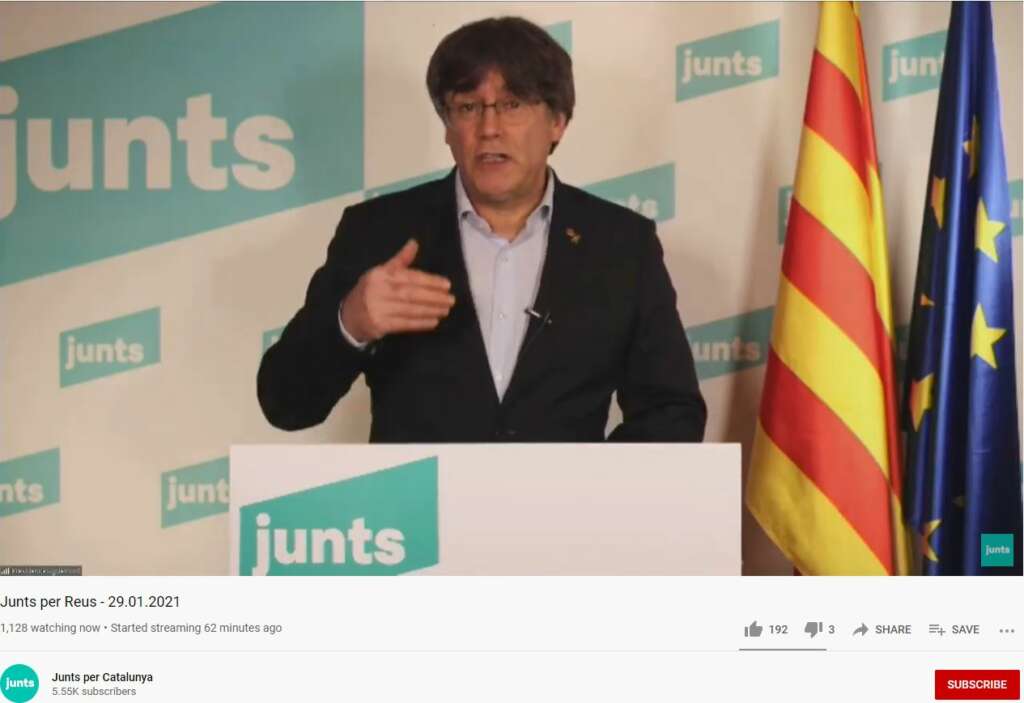 El líder y candidato simbólico de JxCat, el 'expresident' Carles Puigdemont, interviene telemáticamente en un acto electoral, el 29 de enero de 2021 | Youtube/Junts per Catalunya