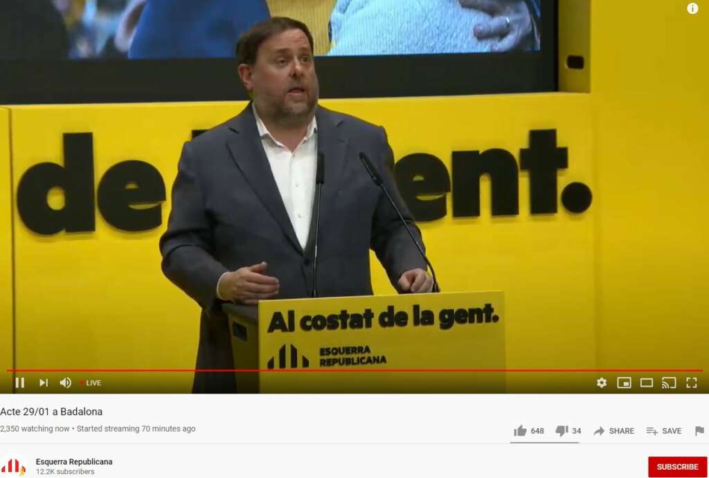 El presidente de ERC y preso del 'procés', Oriol Junqueras, en un mitin en Badalona el 29 de enero de 2021 | Youtube/Esquerra Republicana