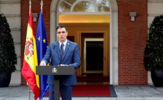 El presidente del Gobierno, Pedro Sánchez comparece tras participar en la reunión telemática del Consejo Europeo extraordinario, hoy en el Palacio de la Moncloa. EFE/ Emilio Naranjo