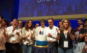 Los expresidentes de la Generalitat, Carles Puigdemont y Artur Mas, en el acto del primer aniversario del Pdecat / Partit Demòcrata