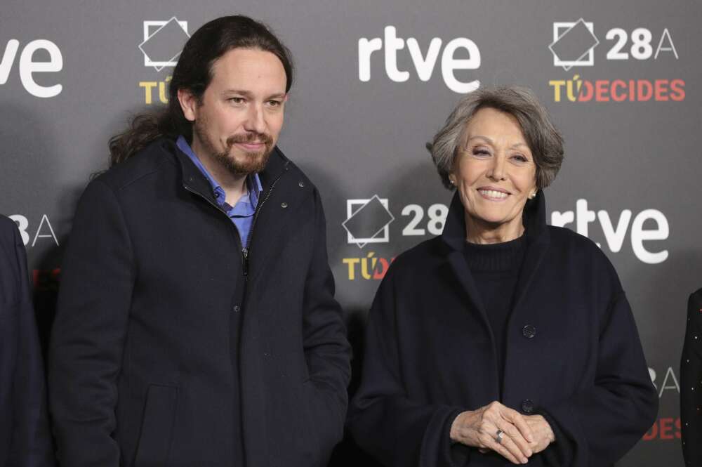Pablo Iglesias y la administradora única de RTVE, Rosa María Mateo, a la llegada del líder de Podemos al debate de las elecciones del 28-A, el 22 de abril de 2019 en Madrid | EFE/JJM/Archivo