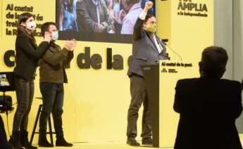 El líder de ERC, Oriol Junqueras, en un mitin protagonizado en el pabellón de Els Magraners de Lleida