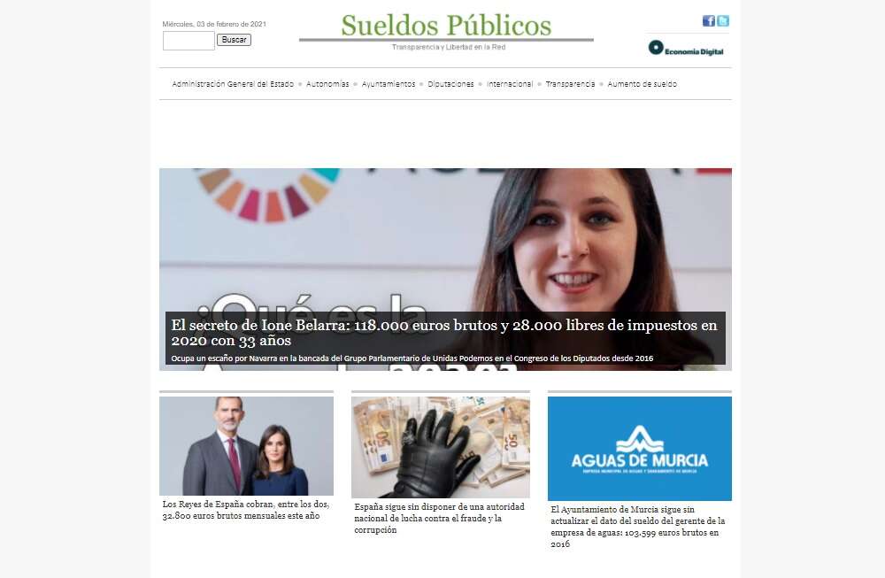 Imagen del portal web de Sueldos Públicos, que ha iniciado una alianza estratégica con Economía Digital